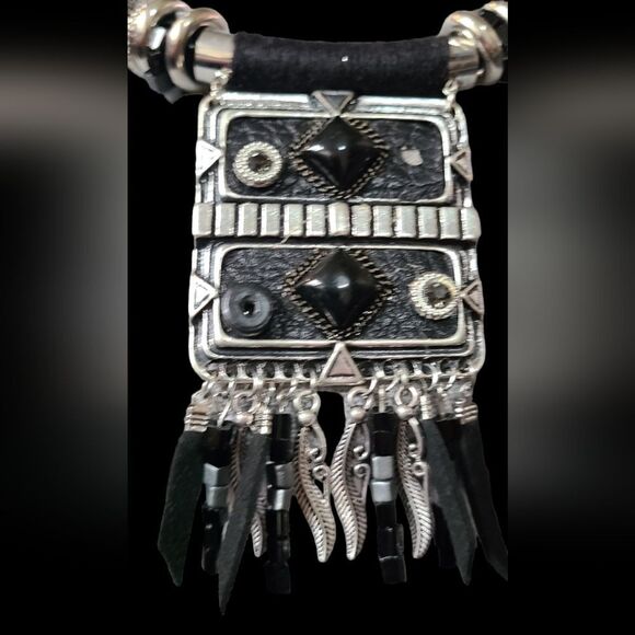 PARIS Necklace Tribal Ethnic Statement Black & Silver Solid Reversible 2… - Picture 7 of 12